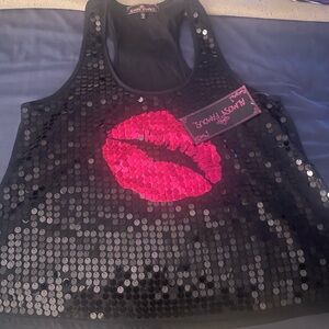Black Sequin Tank Top with Pink Lips
